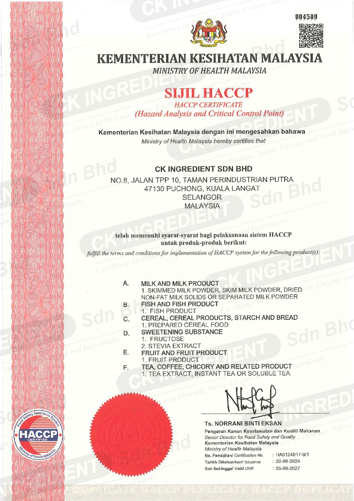 HACCP certificate
